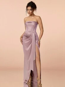 Pleated Slit High Thigh Satin Strapless Formal Dress - Lilac Purple - View 1