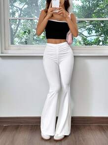 SHEIN EZwear Pantalones blancos acampanados y ajustados para mujer con pliegues en la cintura en forma de V - Blanco - Ver 4