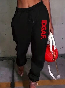 INAWLY Pantalones de harén con cordón y estampado de letras para mujer, para uso diario y casual - Negro - Ver 1
