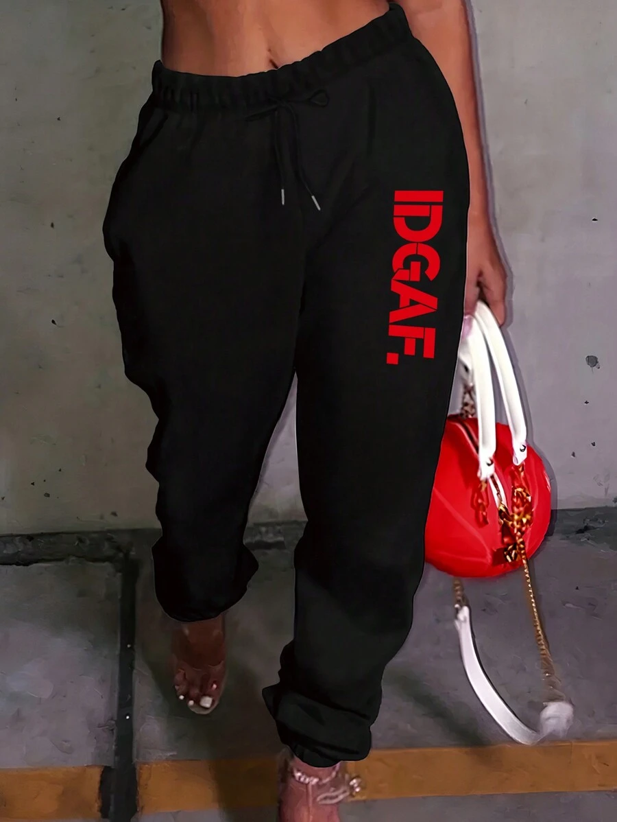 INAWLY Pantalones de harén con cordón y estampado de letras para mujer, para uso diario y casual - Negro - Ver 1