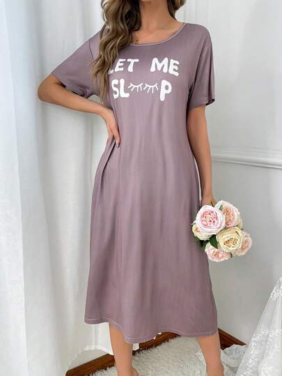 Loose Eyelash Printed Pajama Night Dress, Moo view 5