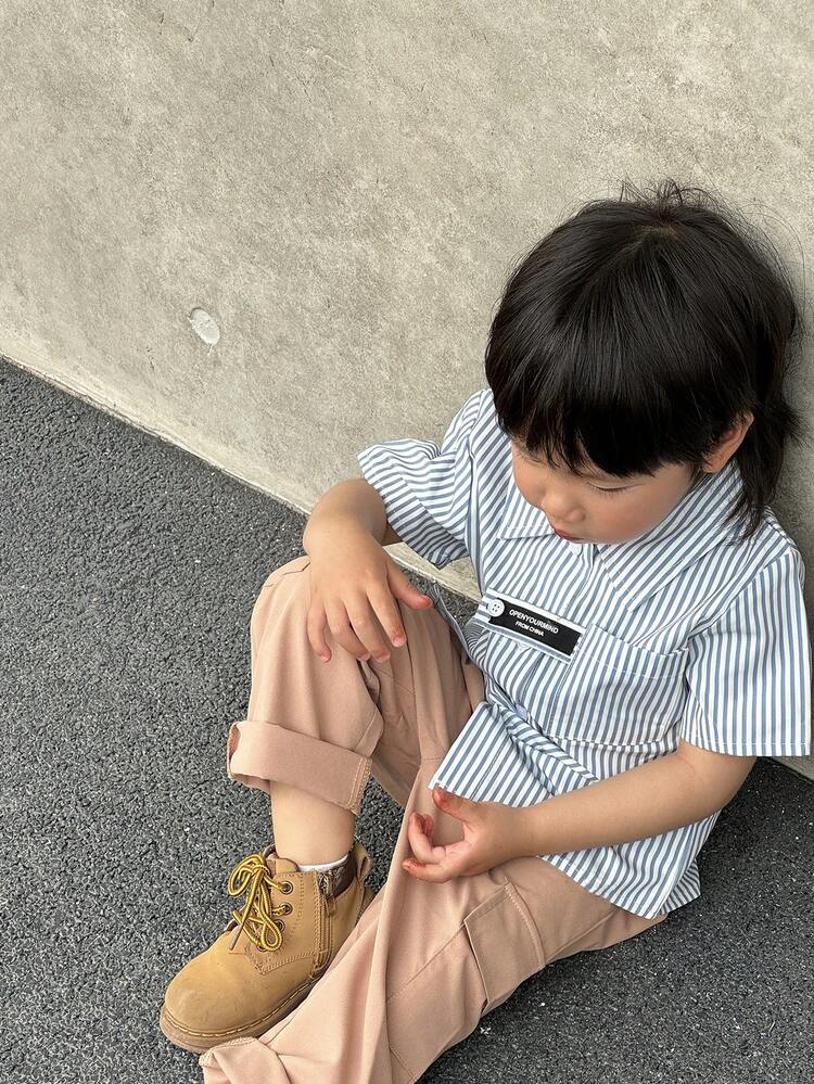 Baby Boys' Street Style Fashion College Casual Striped Short Sleeve Shirt And Utility Pants 2pcs/Set For Vacation