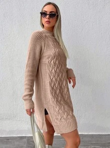 EURMUSE Mock Neck Raglan Sleeve Split Hem Cable Knit Sweater Dress Without Belt - Camel - View 3