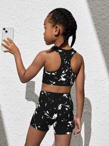 SHEIN Young Girl Simple Printed Top And Shorts Set, School, Campus, College