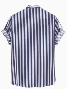 Camisa de manga corta casual con estampado de rayas para hombre, verano - Azul y blanco - Ver 2