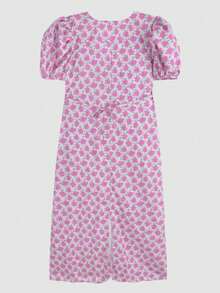 滿身花卉泡泡袖連衣裙 - 粉色 - 查看 2