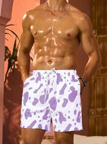 Manfinity Swimmode Men's Cow Printed Drawstring Waist Loose Fit Beach Shorts For Holiday