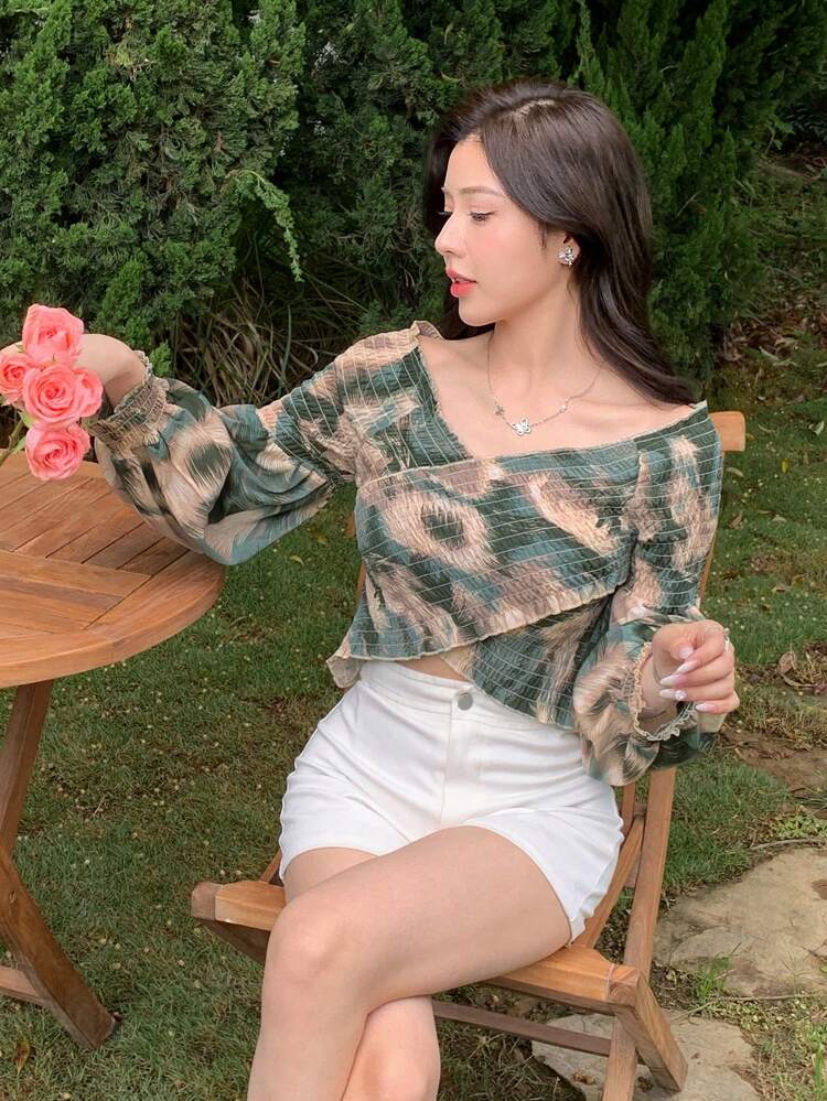 Floral Print Cross V-Neck Slim Fit Long Sleeve Women Shirt,Off Shoulder Top Boho