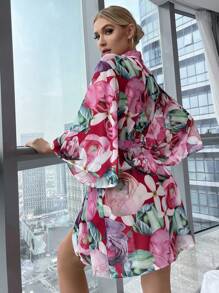 Women's Floral Allover Print Bell Sleeve Belted Robe Perfect Summer - Multicolor - View 2