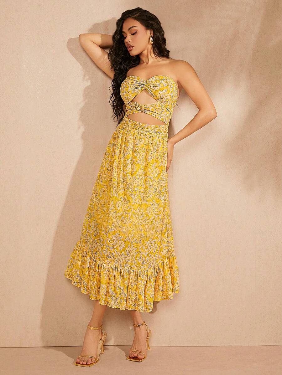 L'Amorae Twist Cut Out Ruffle Hem Print Dress