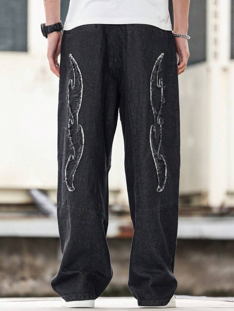 Men's Letter Printed Wide Leg Loose Fit Denim Jeans With Pockets