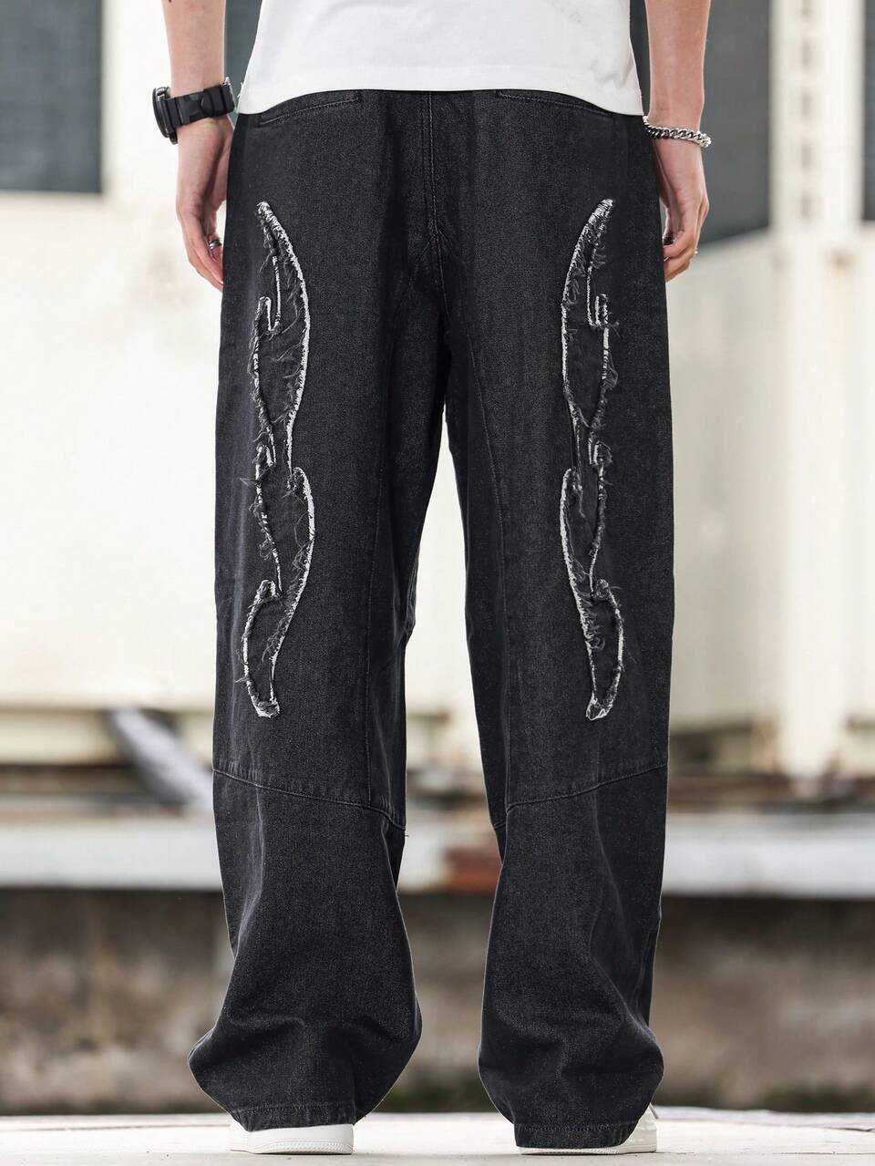 Men's Letter Printed Wide Leg Loose Fit Denim Jeans With Pockets