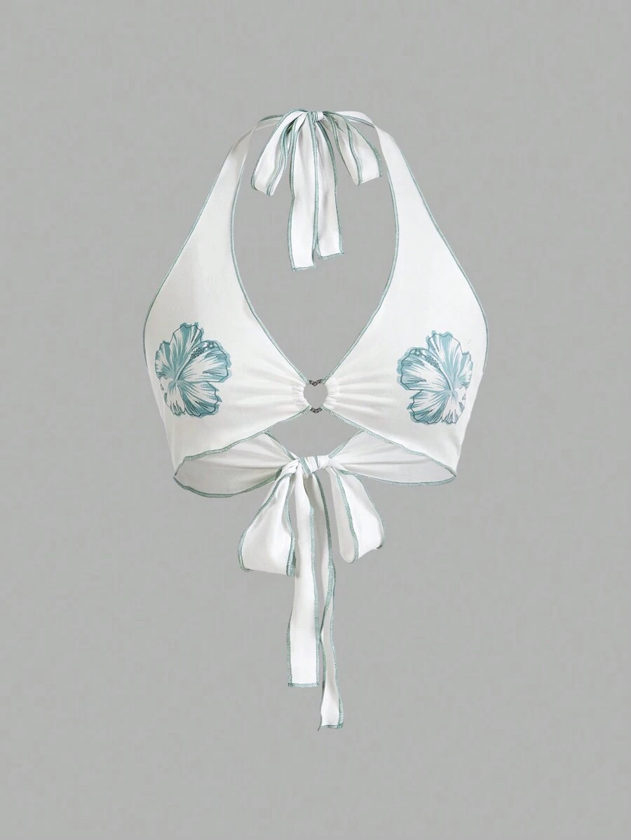 SHEIN ICON 白色印花女士綁頸背心 - 綠色 - 查看 1