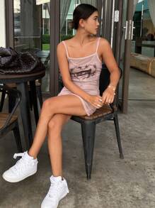 DAZY Đầm Mini Ôm In Họa Tiết Đầm Ôm Body Dây Đeo Spaghetti Đầm Sundress, Đầm Thường Ngày Cho Nữ - Hồng - Xem 3