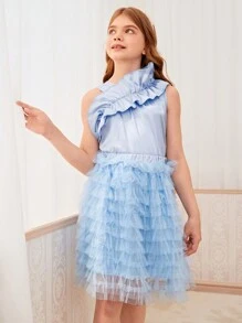 SHEIN Tween Mädchen Hellblaues ärmelloses Top mit asymmetrischem Kragen, Rüschenbesatz und Mesh-Overlay-Rock, süßes Set - Babyblau - Übersicht 4