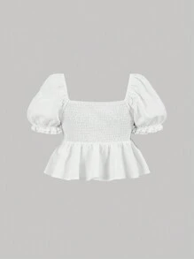 SHEIN MOD 女童白色假日刺繡泡泡袖襯衫，配有藍色緞帶蝴蝶結，適用於夏季 - 白色 - 查看 2