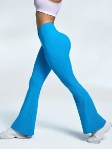 SHEIN Women's Solid Color V-Waist Slim Fit Sports Flared Pants - Blue - View 4