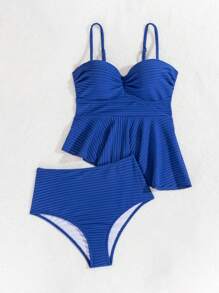 SHEIN Swim Women's Summer Holiday Solid Color Ruffle Hem Tankini With Triangle Briefs Bikini Swimwear Set,Summer Beach - Royal Blue - View 4