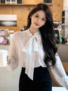 DAZY 波點鬆身長袖女襯衫帶領結 - 白色 - 查看 3