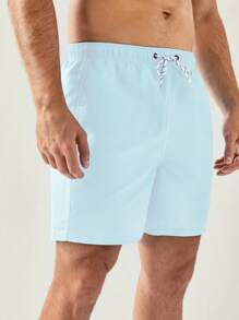Manfinity KASUA Men's Solid Color Beach Shorts With Drawstring Waist, Suitable For Vacation And Leisure - Baby Blue - View 4