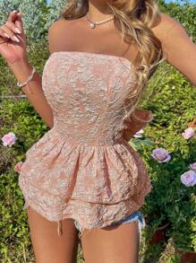 Chiquease Women's Floral Textured Ruffles Bandeau Top With Bowknot And Tie Back - Dusty Pink - View 5