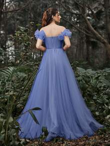 Ruched Bustier Mesh Overlay Tube Prom Dress Elegant Formal Evening Wedding Guest Gown, For Graduation, Dinner - Dusty Blue - View 2