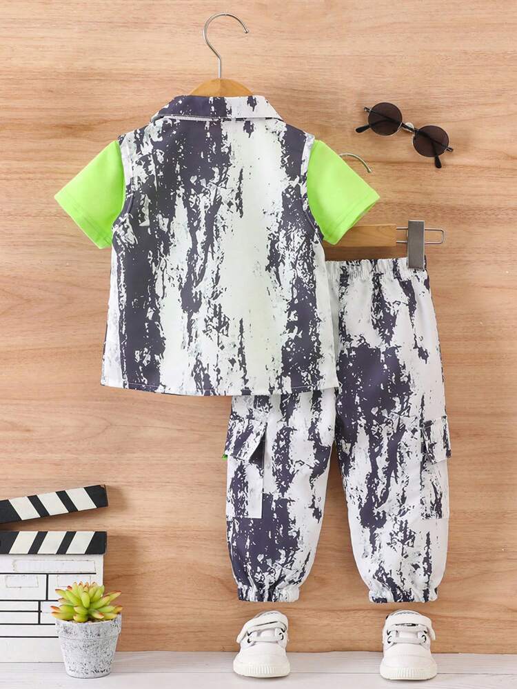 Baby Boy Ink Printed Vest, Cargo Pants Casual Outfit