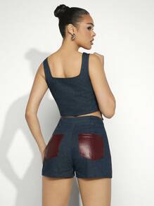 SHEIN Unity Mixed Fabric PU Panels Tank & Shorts Two Pieces Set - Multicolor - View 2