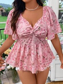 SHEIN SunnyBelle 大码浪漫休闲短袖亨利衫荷叶边上衣 - 粉色 - 查看 6