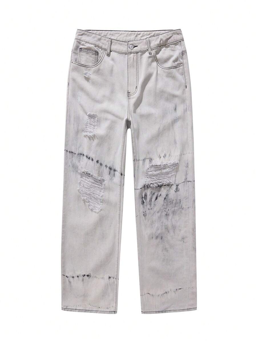 Manfinity Hypemode Men's Tie-Dye Straight Leg Distressed Loose Fit Jeans, Casual - Light Grey - View 1