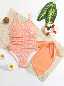 SHEIN Tween Girl Floral Printed Side Drawstring Side One-Piece Swimsuit With Cover-Up Skirt Bathing Suit For Summer Beach Holiday Kids Swimming ,Kids Beachwear - Orange - View 1