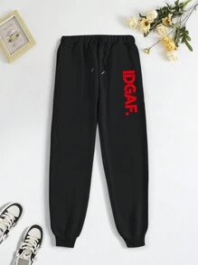 INAWLY Pantalones de harén con cordón y estampado de letras para mujer, para uso diario y casual - Negro - Ver 4