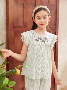 SHEIN Tween Girl Embroidered Flower Texture Striped Shirt And Long Pants Lightweight Casual Summer 2pcs Outfits