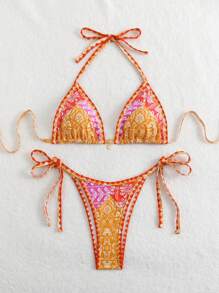 SHEIN Swim 女士假日植物印花露背性感比基尼套裝，含分體泳衣 - 彩色 - 查看 1