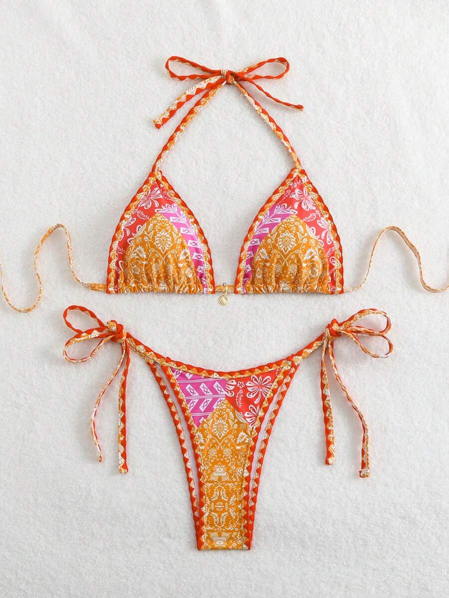 SHEIN Swim 女士假日植物印花露背性感比基尼套裝，含分體泳衣 - 彩色 - 查看 1