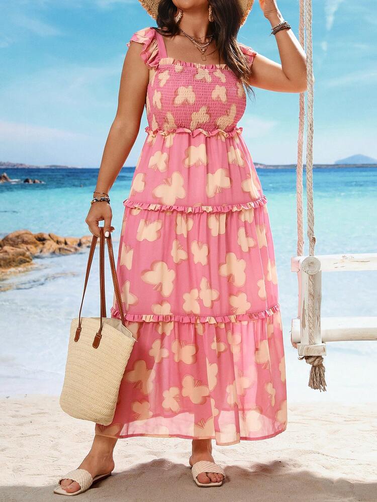 Plus Size Butterfly Printed Layered Vacation Style Square Neckline Sleeveless Dress For Summer