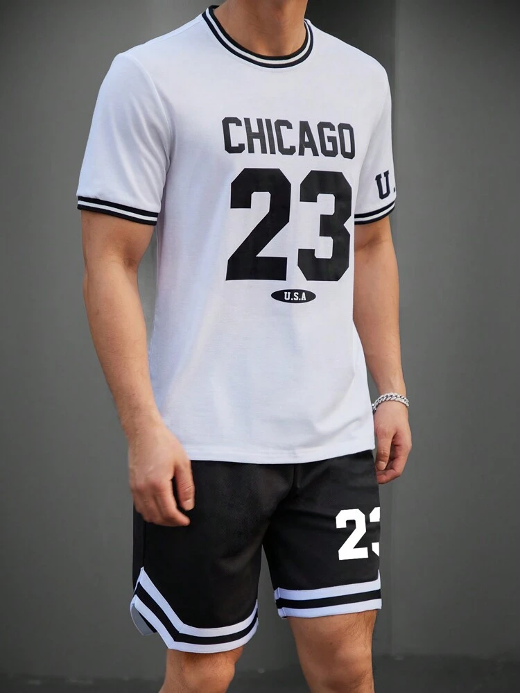 Men Plus Size Summer Letter Print Round Neck Short Sleeve Casual T-Shirt And Shorts Set