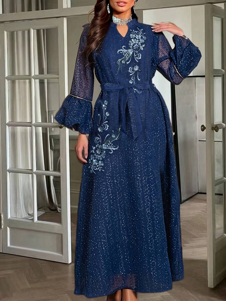 Women's Elegant Sequin Embellished Long Robe - Navy Blue - View 1