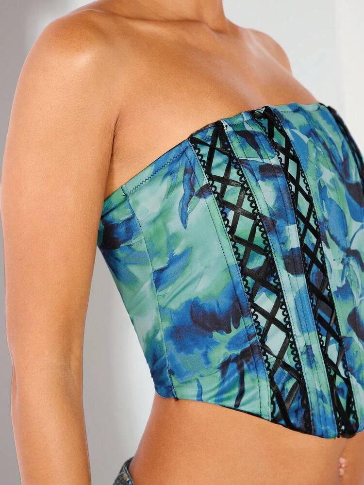 Tube Top Vacation Print Lace-Up Embellishments Victoria Secret Corset Top,Rave Festival,Country Concert Tunic Top,Rave Festival ,Going Out Tops