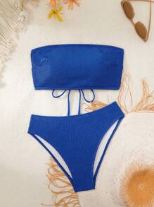 SHEIN Swim Women's Solid Color Bandeau Bikini Set, Sexy Halter Two Pieces Bikini Set For Vacation,Summer Beach - Blue - View 3