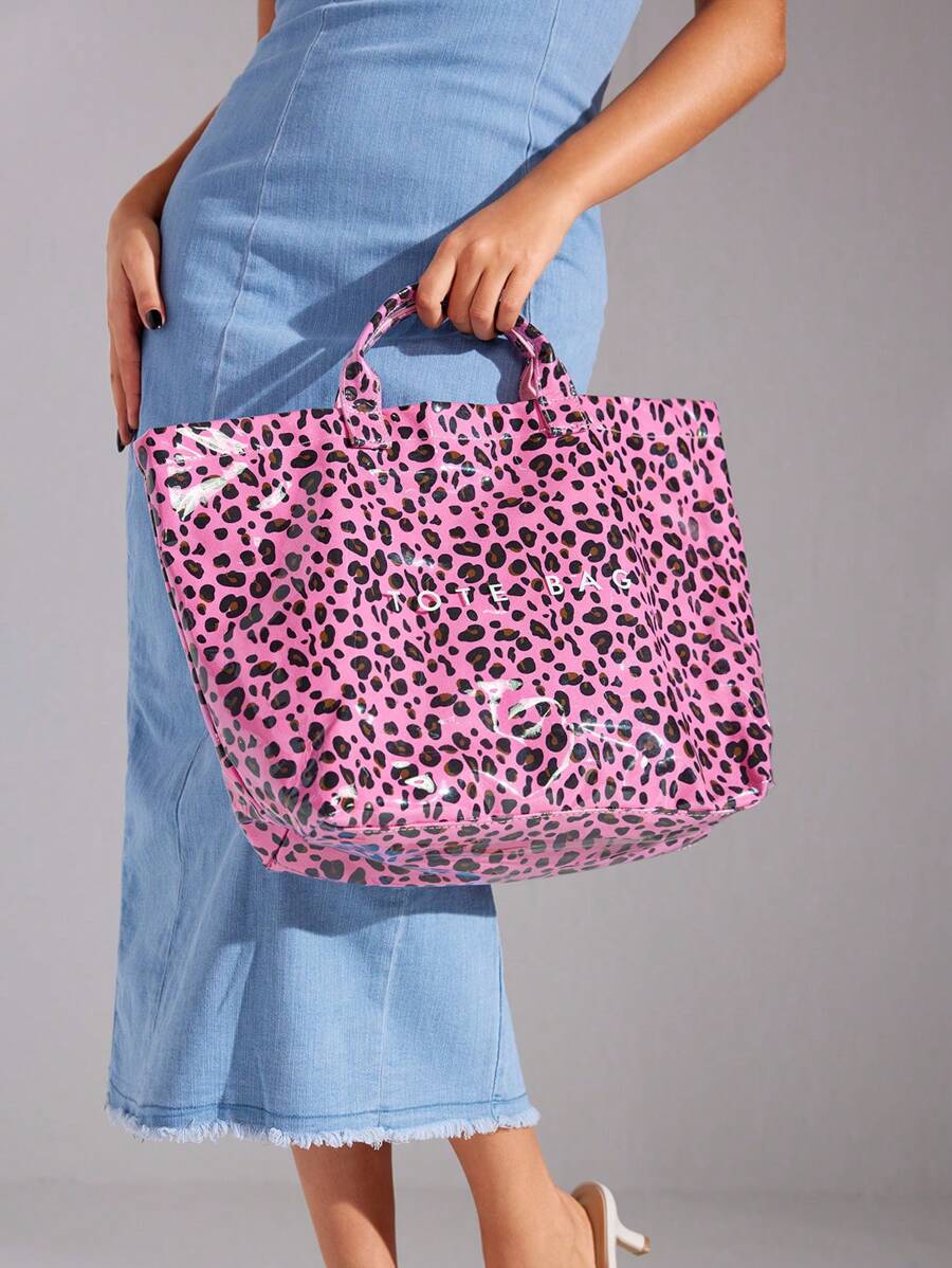 SHEIN BAE Fashionable Leopard Print Jelly Tote Bag, Large Capacity
