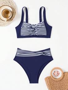 Swim Lushoire Conjunto de bikini de mujer de verano con rayas, nudo trenzado y estampado floral aleatorio, 2 piezas