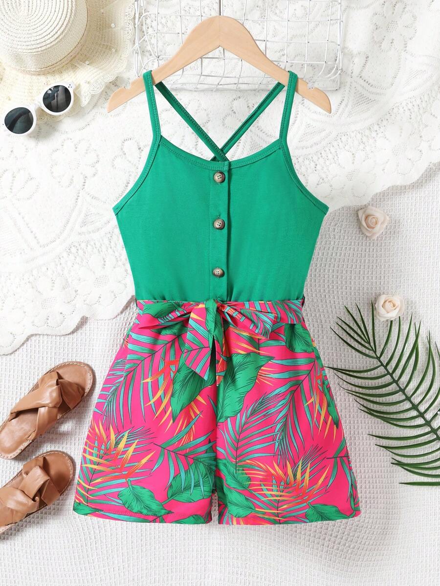 少女夏季熱帶植物印花鬆緊背心連體褲 - 彩色 - 查看 1