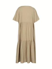 Summer Plus Size Women's Casual Loose V-Neck Solid Dress - 卡其色 - 查看 2