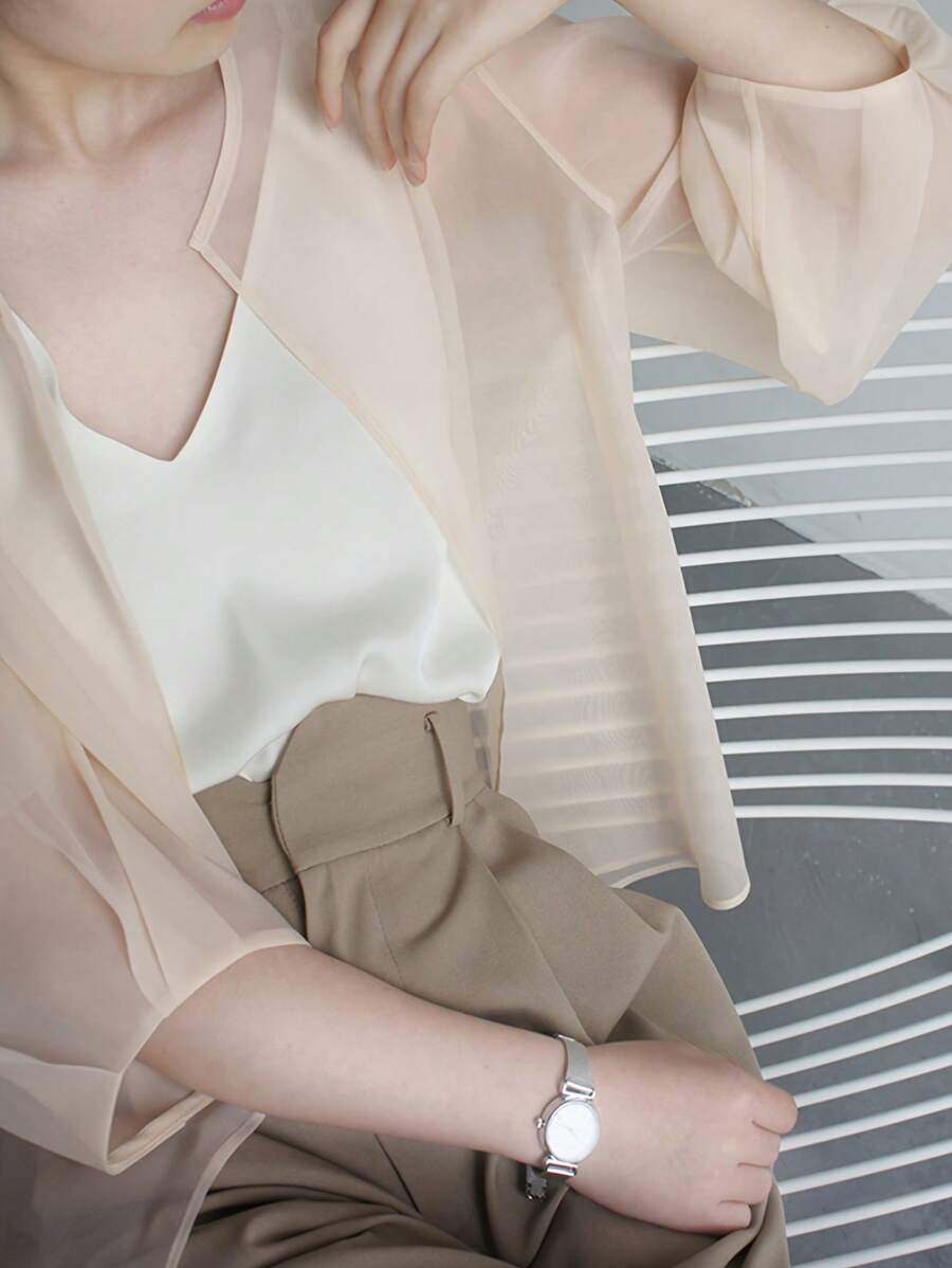 Chiquease Summer Casual Sheer Solid Color Thin Outerwear - Apricot - View 1