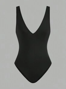 SHEIN EZwear Plus Size Women's Black & White 2 Pieces Sexy Plunging V-Neck Sleeveless Backless Bodycon Bodysuit, Summer Vest Top Suitable For Going Out - Multicolor - View 5