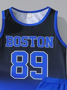 Two-Piece Loose And Breathable Tween Boy Sports Top And Shorts Set With Gradient Letter And Number Patterns - Blue - View 3