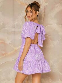 L'Amorae Floral Jacquard Puff Sleeve Backless Mini Dress For Summer - Purple - View 1