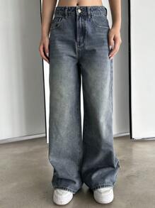 DAZY Vintage Distressed Washed Cat Whisker Light Blue Wide Leg Jeans,Baggy Jeans - Light Wash - View 5