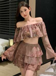 DAZY Women's Fashionable Ruffle Hem Allover Print Chiffon 2pcs Set